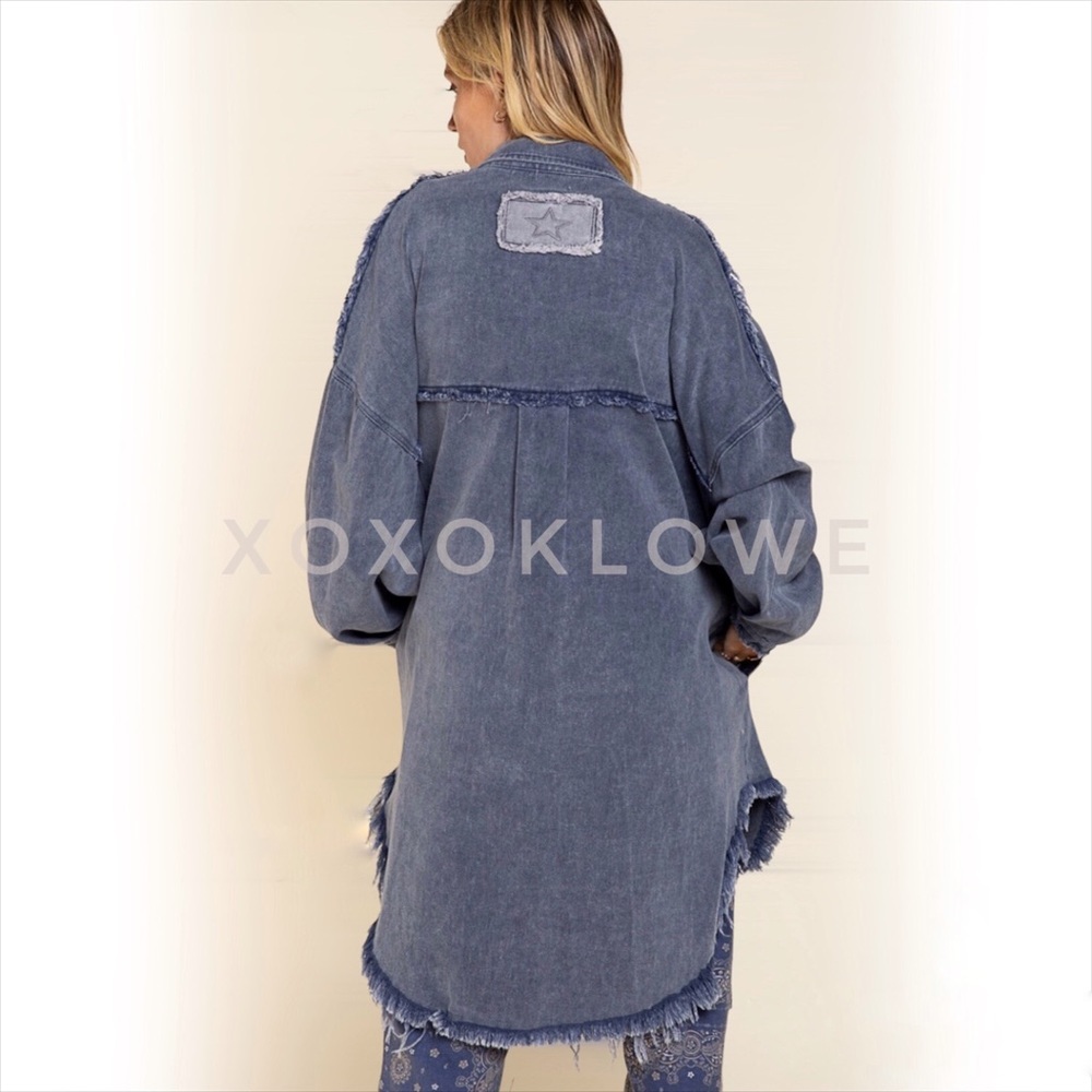 POL Oversized Denim Shacket | Blue Gray Colorblock Longline Jacket - Picture 7 of 10
